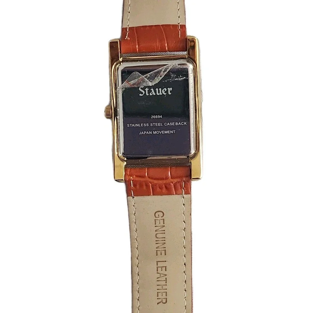 Stauer Castille Watch 26694 Stainless Steel Caseback Genuine Leather Band